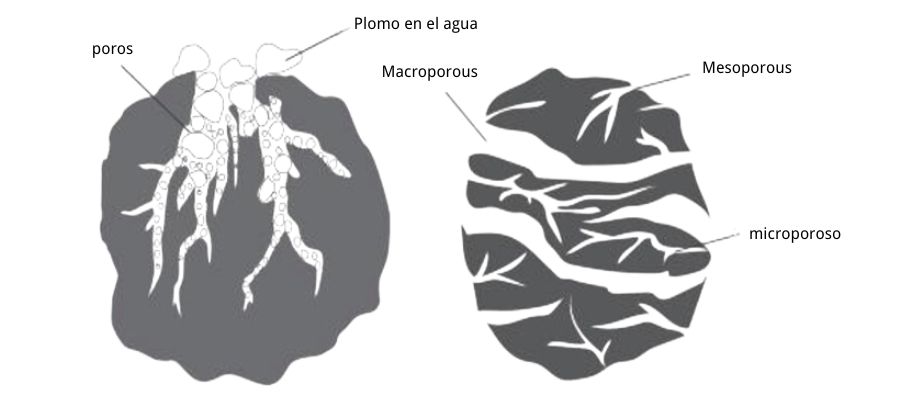 Principio de adsorción del plomo en el agua mediante carbón activado