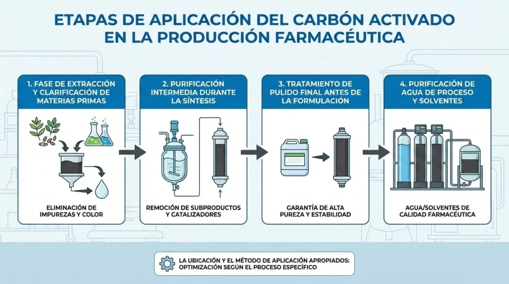 Etapas de aplicacion del carbon activado en la produccion farmaceutica